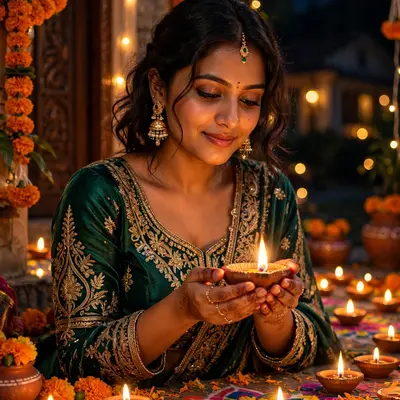 Create an ultra-realistic vibrant Diwali celebration portrait. Subject: a person in stunning traditional Indian festive wear — richly embroidered silk