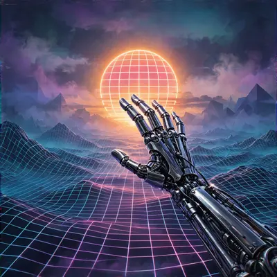 A robot hand reaching toward a glowing grid sun on the horizon, wireframe terrain below, vaporwave sci-fi art, VHS grain, melancholic machine mood