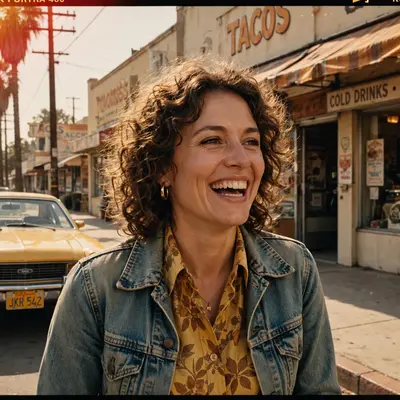 Create an ultra-realistic vintage 1970s film photograph. Subject: a person captured candidly — laughing or mid-conversation, natural unposed moment. S