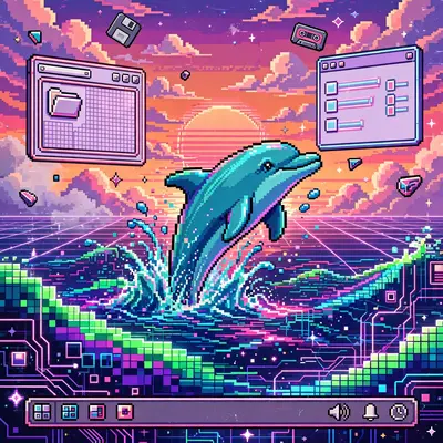 A pixel-art dolphin breaching from a sea of code and neon, taskbar and pop-up windows floating in a sunset sky, vaporwave collage, VHS grain, playful