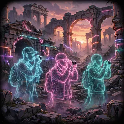 Tourists as glowing wireframe ghosts photographing crumbling neon-lit Roman ruins, vaporwave concept art, VHS grain, ironic timeless mood, sunset
