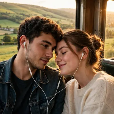 Create an ultra-realistic cinematic photograph of a young couple sitting by a train window on a scenic journey, sharing earphones and watching green h