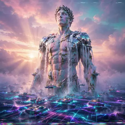 A giant pastel statue rising from a neon ocean at dawn, water sheeting off chrome shoulders, tiny grid islands at its feet, vaporwave epic art, VHS