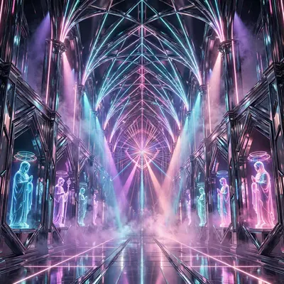 A cathedral nave built from laser beams and chrome, holographic saints in the alcoves, vaporwave sacred architecture, VHS grain, reverent cyber mood