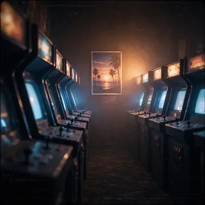 Rows of dark arcade cabinets glowing faint blue, a single sunset poster on the back wall, vaporwave photography, heavy VHS grain, lonely after-hours
