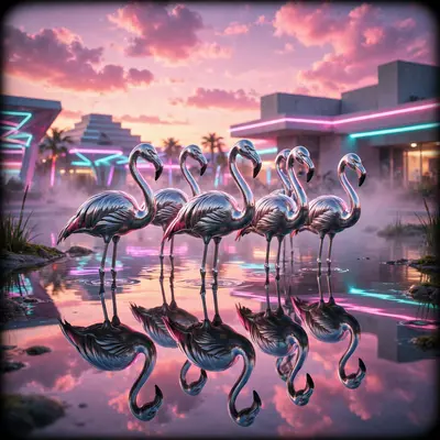 A flock of chrome flamingos standing in a shallow neon lagoon at sunset, reflections doubling the pink sky, vaporwave 3D render, VHS grain, surreal