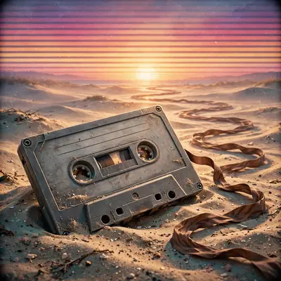 A giant cassette tape half-buried in beach sand, its ribbon flowing toward a striped sunset like a river, vaporwave illustration, VHS grain, wistful