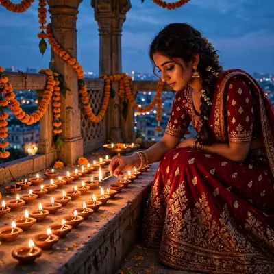 Create an ultra-realistic cinematic photograph of a young woman in a deep red embroidered lehenga lighting rows of clay diyas on a balcony at dusk, ma