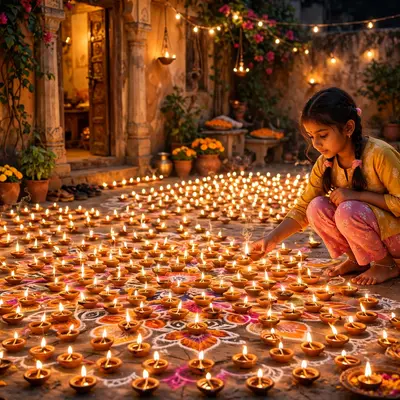Create an ultra-realistic cinematic photograph of a family courtyard glowing with hundreds of diyas arranged in a rangoli pattern, a young girl placin