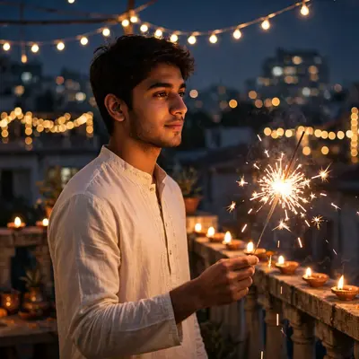 Create an ultra-realistic cinematic photograph of a young man in a cream kurta holding a sparkler on a rooftop terrace, diyas lining the railing, fest