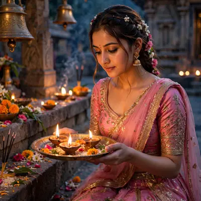 Create an ultra-realistic cinematic photograph of a young woman in a pink lehenga holding a brass diya plate during evening prayers, temple bells and