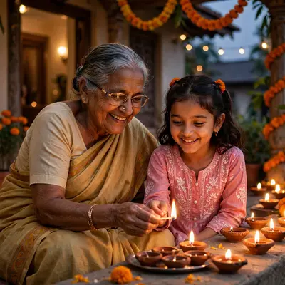Create an ultra-realistic cinematic photograph of an elderly grandmother and granddaughter lighting diyas together on a veranda, warm smiles and marig