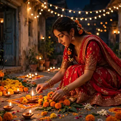 Create an ultra-realistic cinematic photograph of a young woman in a red lehenga lighting diyas and arranging marigolds in a flower-filled courtyard o