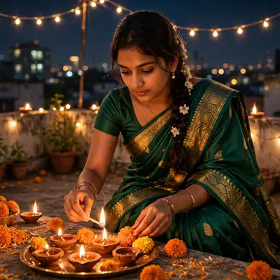 Create an ultra-realistic cinematic photograph of a young woman in a emerald saree lighting diyas and arranging marigolds in a rooftop terrace on Diwa