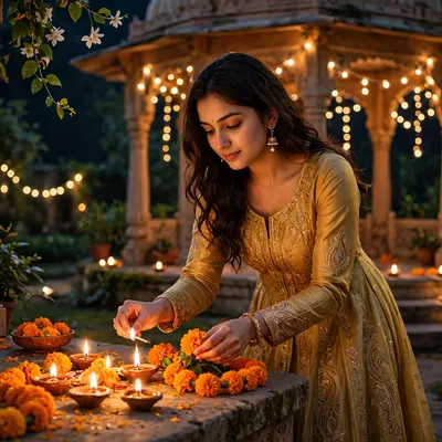 Create an ultra-realistic cinematic photograph of a young woman in a golden anarkali lighting diyas and arranging marigolds in a garden pavilion on Di