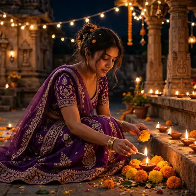 Create an ultra-realistic cinematic photograph of a young woman in a purple lehenga lighting diyas and arranging marigolds in a temple courtyard on Di