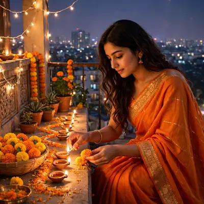 Create an ultra-realistic cinematic photograph of a young woman in a orange saree lighting diyas and arranging marigolds in a balcony overlooking the