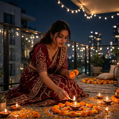 Create an ultra-realistic cinematic photograph of a young woman in a maroon lehenga lighting diyas and arranging marigolds in a modern apartment balco