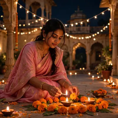 Create an ultra-realistic cinematic photograph of a young woman in a pink saree lighting diyas and arranging marigolds in a palace courtyard on Diwali