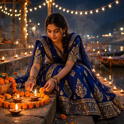 Create an ultra-realistic cinematic photograph of a young woman in a royal blue lehenga lighting diyas and arranging marigolds in a riverside ghat on