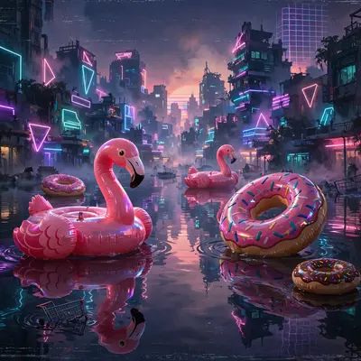 Giant inflatable flamingos and donuts drifting through a flooded neon city at dusk, vaporwave surrealism, VHS grain, playful end-of-the-world mood