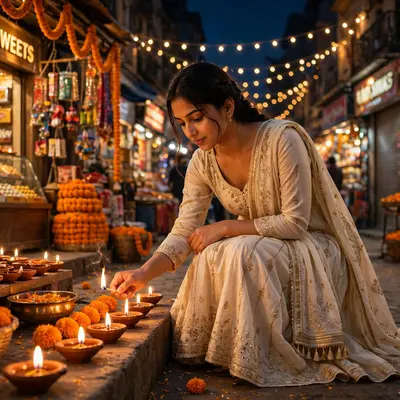 Create an ultra-realistic cinematic photograph of a young woman in a cream anarkali lighting diyas and arranging marigolds in a festive market street