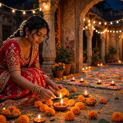 Create an ultra-realistic cinematic photograph of a young woman in a red lehenga lighting diyas and arranging marigolds in a flower-filled courtyard o