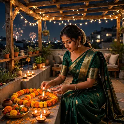 Create an ultra-realistic cinematic photograph of a young woman in a emerald saree lighting diyas and arranging marigolds in a rooftop terrace on Diwa