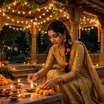 Create an ultra-realistic cinematic photograph of a young woman in a golden anarkali lighting diyas and arranging marigolds in a garden pavilion on Di