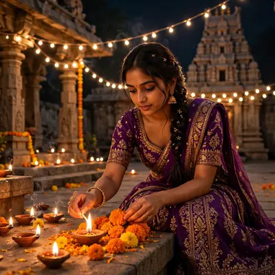 Create an ultra-realistic cinematic photograph of a young woman in a purple lehenga lighting diyas and arranging marigolds in a temple courtyard on Di