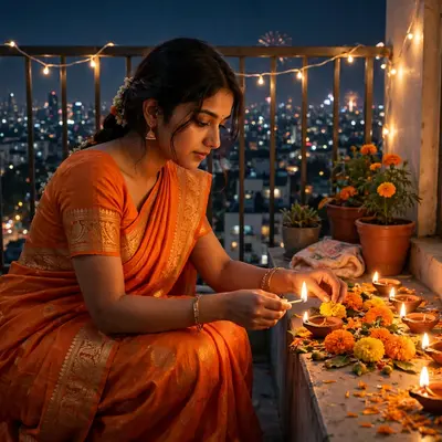 Create an ultra-realistic cinematic photograph of a young woman in a orange saree lighting diyas and arranging marigolds in a balcony overlooking the