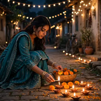 Create an ultra-realistic cinematic photograph of a young woman in a teal sharara lighting diyas and arranging marigolds in a village lane on Diwali n