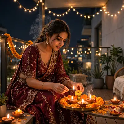 Create an ultra-realistic cinematic photograph of a young woman in a maroon lehenga lighting diyas and arranging marigolds in a modern apartment balco