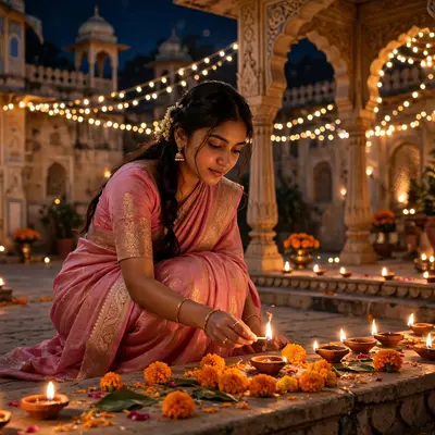 Create an ultra-realistic cinematic photograph of a young woman in a pink saree lighting diyas and arranging marigolds in a palace courtyard on Diwali