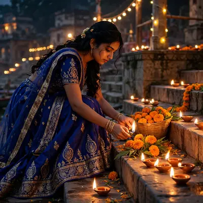 Create an ultra-realistic cinematic photograph of a young woman in a royal blue lehenga lighting diyas and arranging marigolds in a riverside ghat on