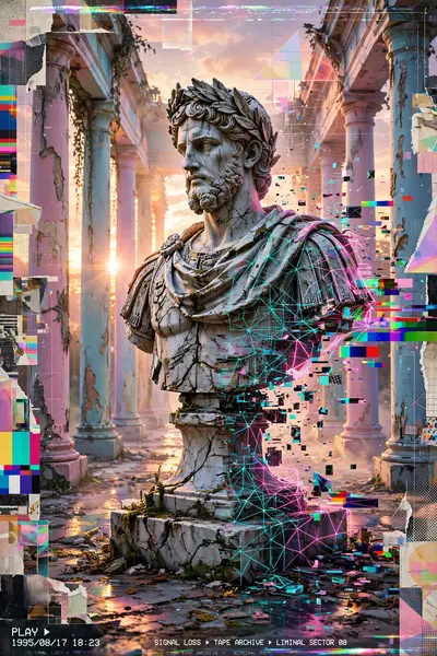 A marble emperor statue glitching into wireframe, RGB-split across a pastel colonnade, vaporwave glitch art, VHS grain, beautiful decay mood, sunset