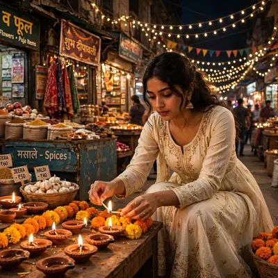 Create an ultra-realistic cinematic photograph of a young woman in a cream anarkali lighting diyas and arranging marigolds in a festive market street
