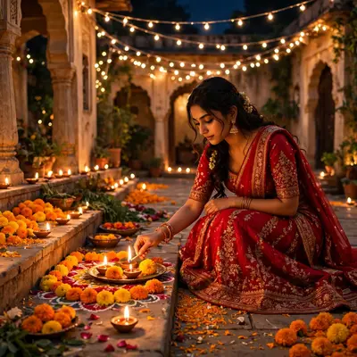 Create an ultra-realistic cinematic photograph of a young woman in a red lehenga lighting diyas and arranging marigolds in a flower-filled courtyard o