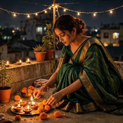 Create an ultra-realistic cinematic photograph of a young woman in a emerald saree lighting diyas and arranging marigolds in a rooftop terrace on Diwa