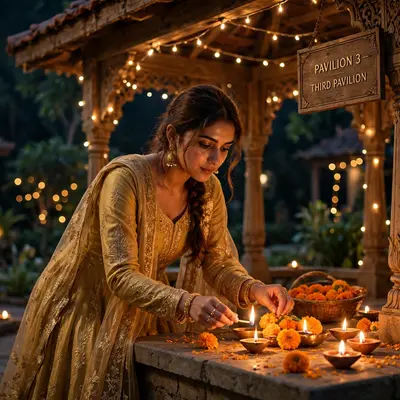 Create an ultra-realistic cinematic photograph of a young woman in a golden anarkali lighting diyas and arranging marigolds in a garden pavilion on Di
