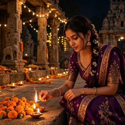 Create an ultra-realistic cinematic photograph of a young woman in a purple lehenga lighting diyas and arranging marigolds in a temple courtyard on Di