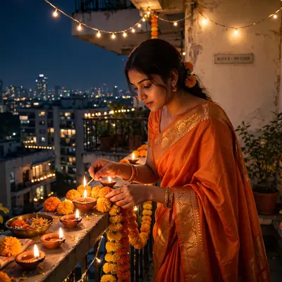 Create an ultra-realistic cinematic photograph of a young woman in a orange saree lighting diyas and arranging marigolds in a balcony overlooking the