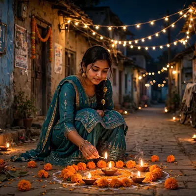 Create an ultra-realistic cinematic photograph of a young woman in a teal sharara lighting diyas and arranging marigolds in a village lane on Diwali n