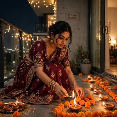 Create an ultra-realistic cinematic photograph of a young woman in a maroon lehenga lighting diyas and arranging marigolds in a modern apartment balco