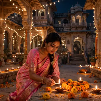 Create an ultra-realistic cinematic photograph of a young woman in a pink saree lighting diyas and arranging marigolds in a palace courtyard on Diwali