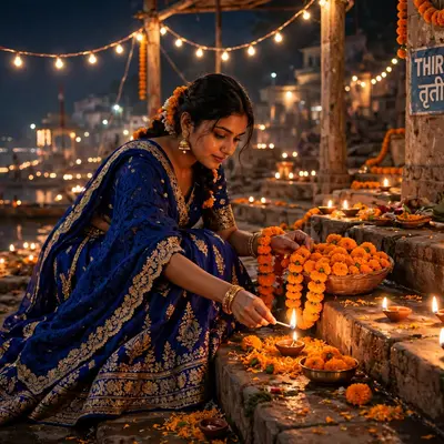 Create an ultra-realistic cinematic photograph of a young woman in a royal blue lehenga lighting diyas and arranging marigolds in a riverside ghat on