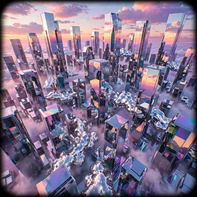 Skyscrapers made of mirror glass reflecting a fragmented pastel sunset, chrome clouds drifting between towers, vaporwave architectural art, VHS