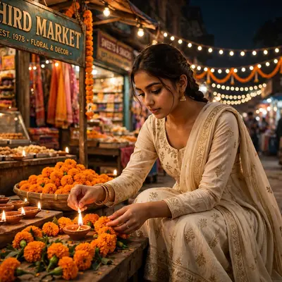 Create an ultra-realistic cinematic photograph of a young woman in a cream anarkali lighting diyas and arranging marigolds in a festive market street