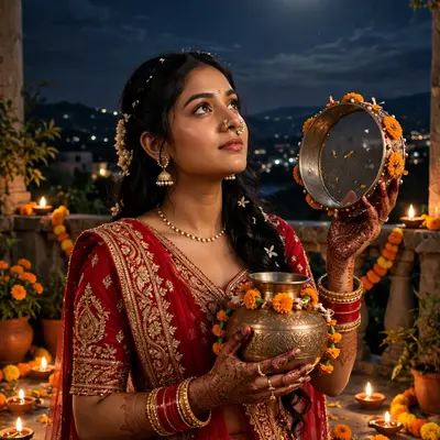 Create an ultra-realistic cinematic photograph of a young woman in a red bridal lehenga holding a decorated karwa and sieve, gazing at the rising moon