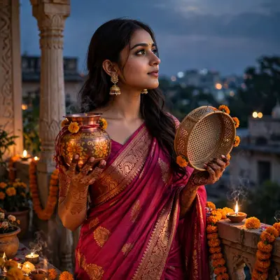 Create an ultra-realistic cinematic photograph of a young woman in a deep pink saree holding a decorated karwa and sieve, gazing at the rising moon fr